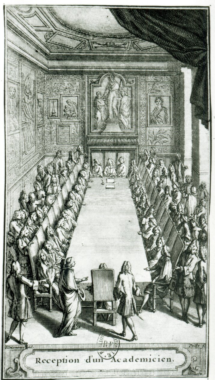 Przyjęcie członka Akademii Francuskiej, rytowane przez Francois Poilly (1622-83) autorstwa F. Delamonce