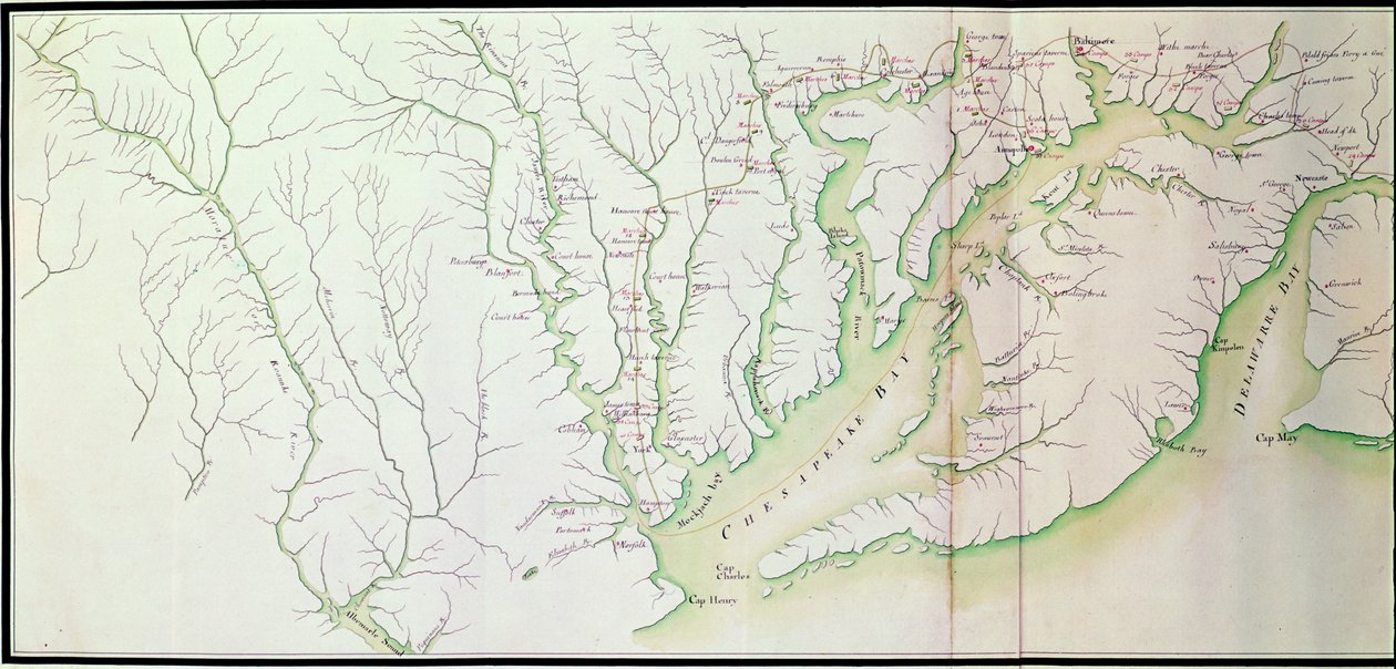 Ogólna mapa obozów i przemarszów armii w Ameryce na rozkaz Rochambeau, fragment po lewej stronie, z Guerre de lAmerique, ok. 1780-81 grawerowanie barwne patrz także 440787 autorstwa F. Dubourg