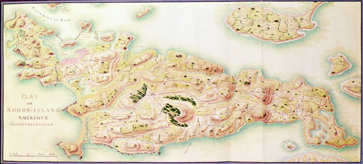 Mapa Rhode Island, z „wojny amerykańskiej”, ok. 1780-81 (kolor grawerowany) autorstwa F. Dubourg