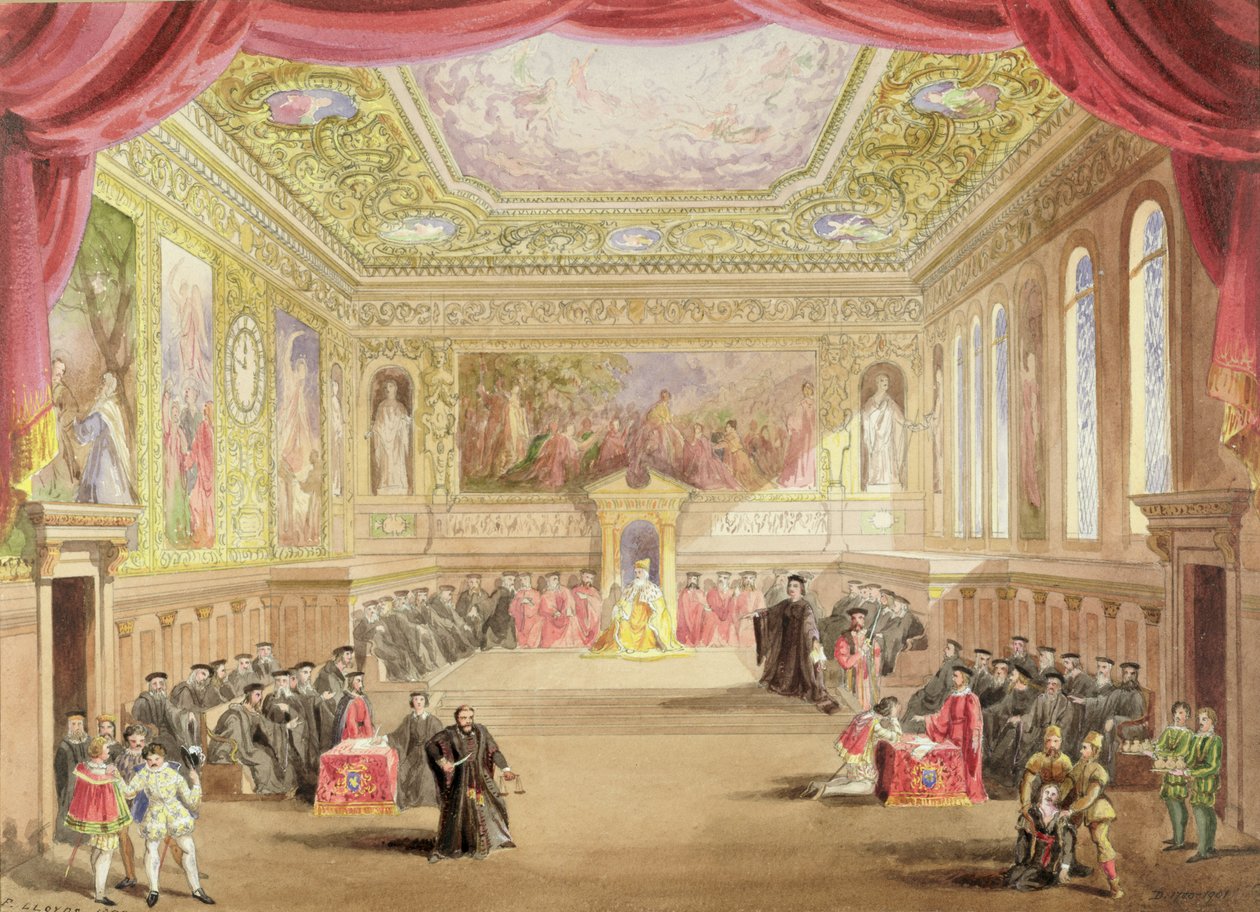 Proces, Akt IV, Scena I z przedstawienia "Kupiec wenecki" Charlesa Keana, Princess Theatre, Londyn, 12 czerwca 1858 (akwarela na papierze) autorstwa F. Lloyds