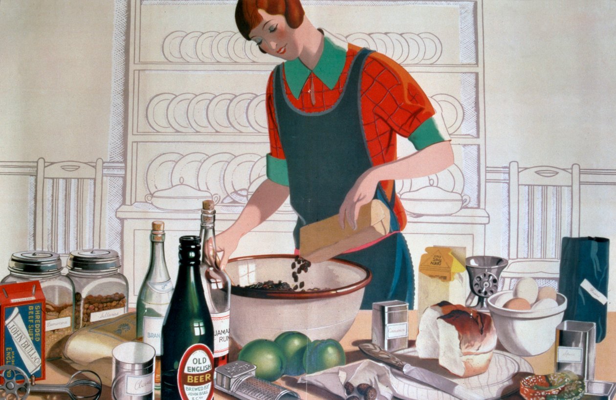 Robienie Empire Christmas Pudding, c. Litografia kolorowa z lat 20. XX wieku autorstwa FC Harrison