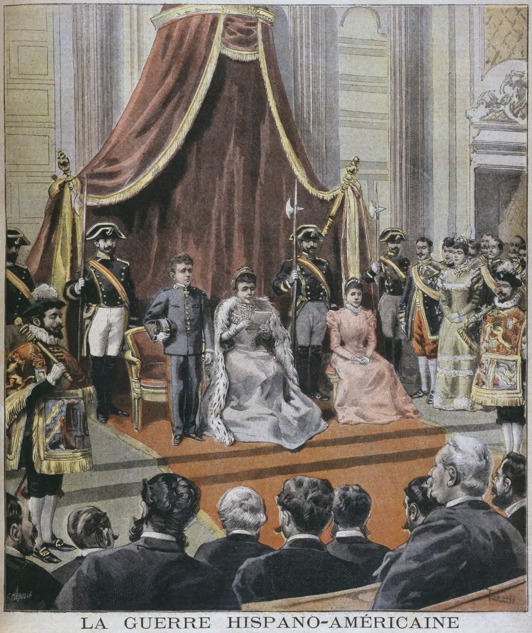 Wojna hiszpańsko-amerykańska w Hiszpanii, królowa czytająca swoje przesłanie do Cortes, Madryt, ilustracja z „Le Petit Journal”, dodatek illustre, 8 maja 1898 autorstwa F.L. and Tofani, Oswaldo Meaulle