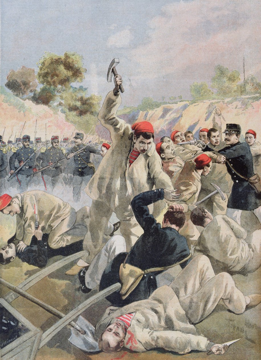 Bunt francuskich anarchistów w Gujanie, ilustracja z „Le Petit Journal” autorstwa F.L. and Tofani Oswaldo  Meaulle