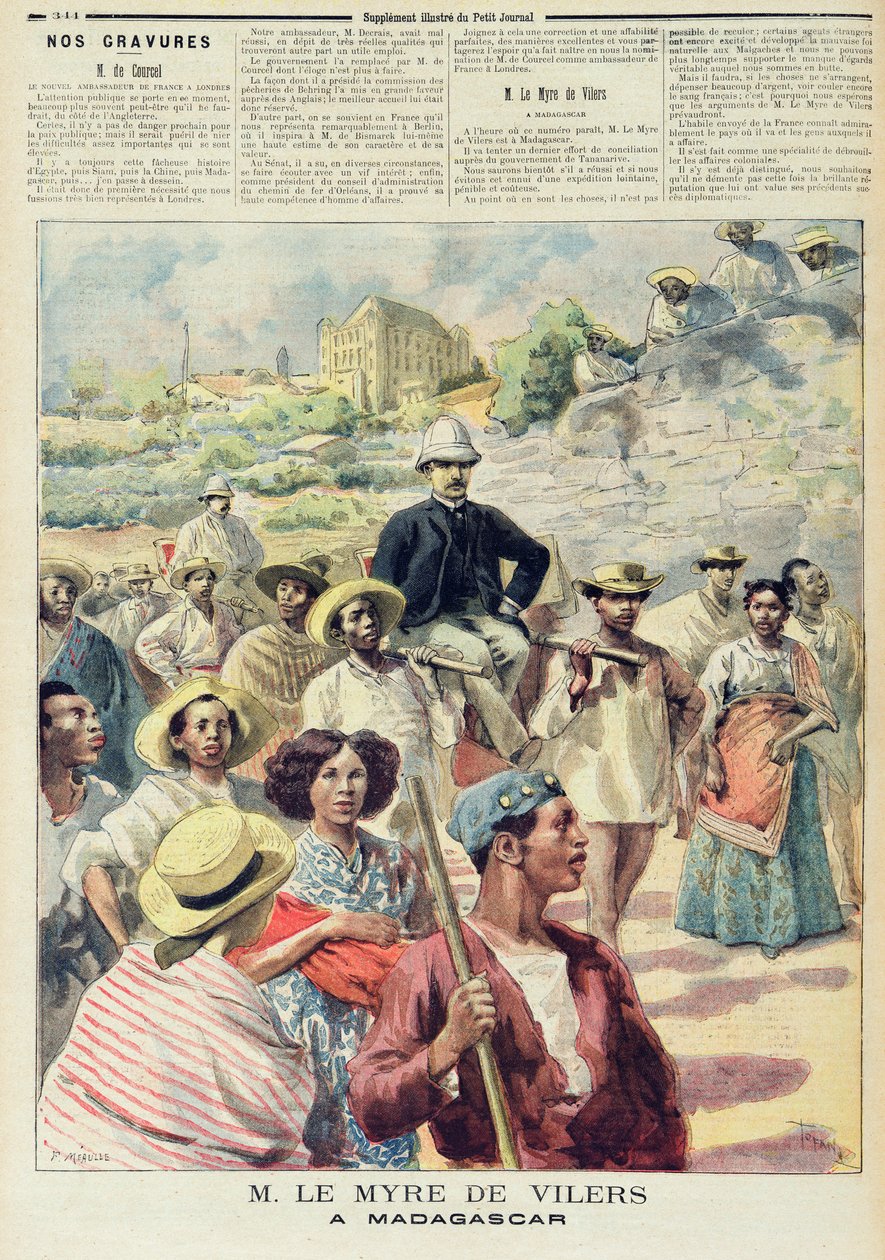 M. le Myre de Vilers na Madagaskarze, ilustracja z „Le Petit Journal”, 22 października 1894 (kolorowa rycina) autorstwa F.L. and Tofani Oswaldo  Meaulle