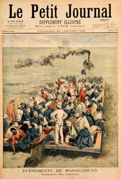 Wydarzenia na Madagaskarze: Repatriacja wojsk francuskich, ilustracja z Le Petit Journal, 20 stycznia 1896 (rycina kolorowa) autorstwa F.L. and Tofani, Oswaldo Meaulle