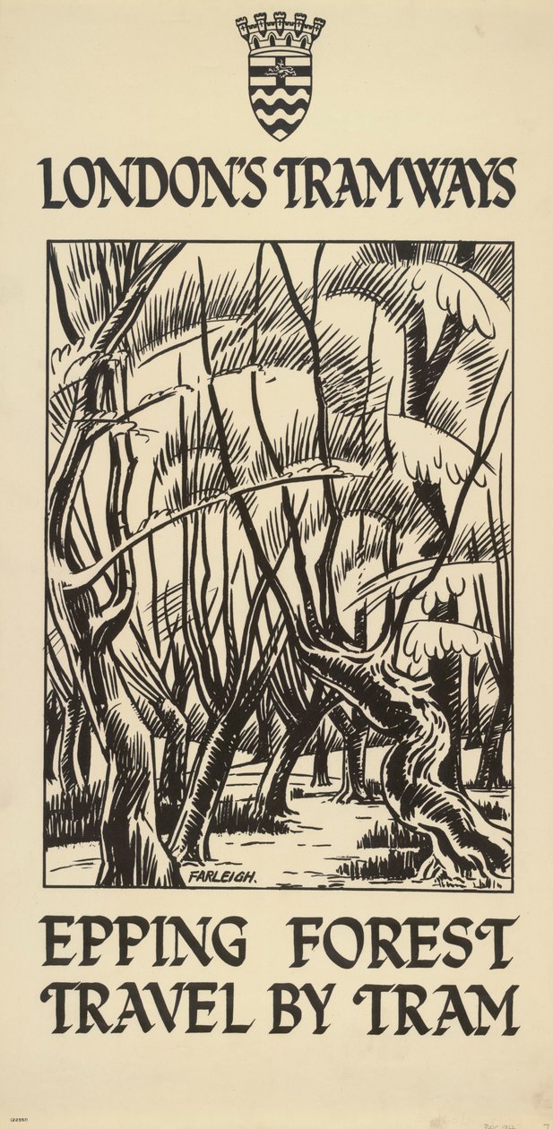 „Epping Forest, Travel by Tram”, plakat London County Council LCC Tramways, 1922 autorstwa FW Farleigh