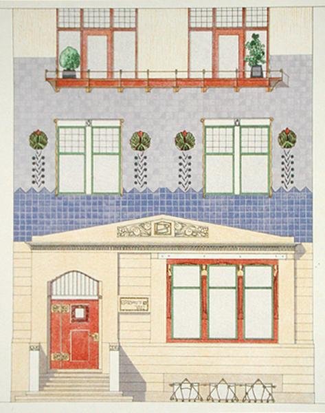 Projekt fasady niemieckiego domu miejskiego, początek lat 1900, z "Documents Architecture Moderne" (litografia kolorowa) autorstwa F.W. Jochem