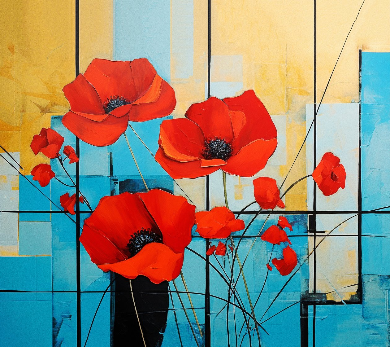Abstrakcyjny Mondrian, malarstwo kwiatów maków, sztuka ścienna | Obrazy na płótnie autorstwa F. Abderrahim