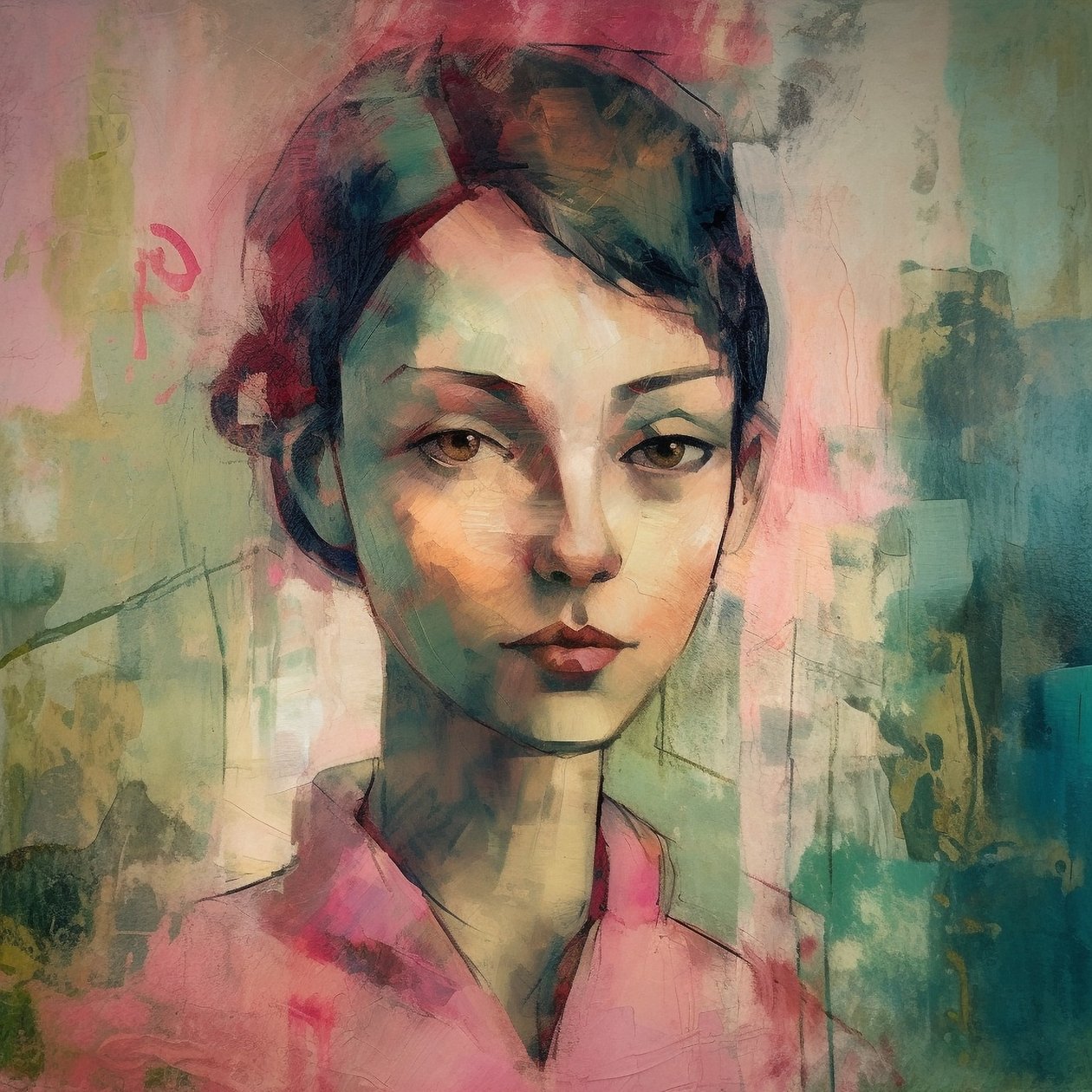 Abstrakcyjny portret młodej kobiety, w stylu Maurice Denis, grafiki artystyczne autorstwa F. Abderrahim
