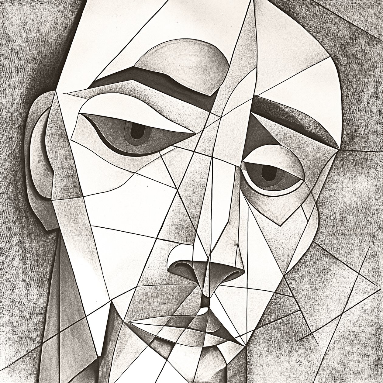 Abstrakcyjny prymitywny rysunek ołówkiem przedstawiający melancholijny portret twarzy autorstwa F. Abderrahim