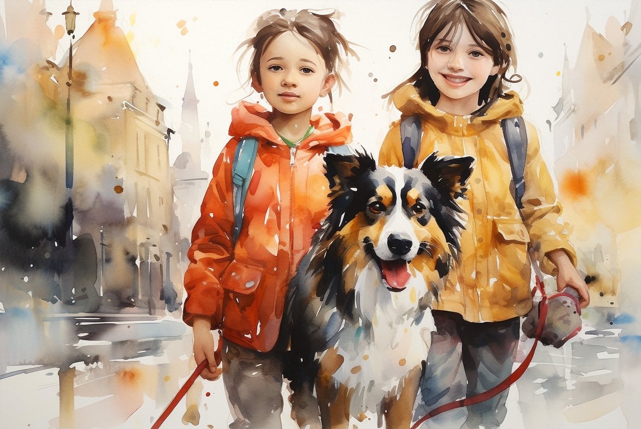 Akwarela Portret Pies i dzieci, dekoracja ścienna, wydruki canva autorstwa F. Abderrahim