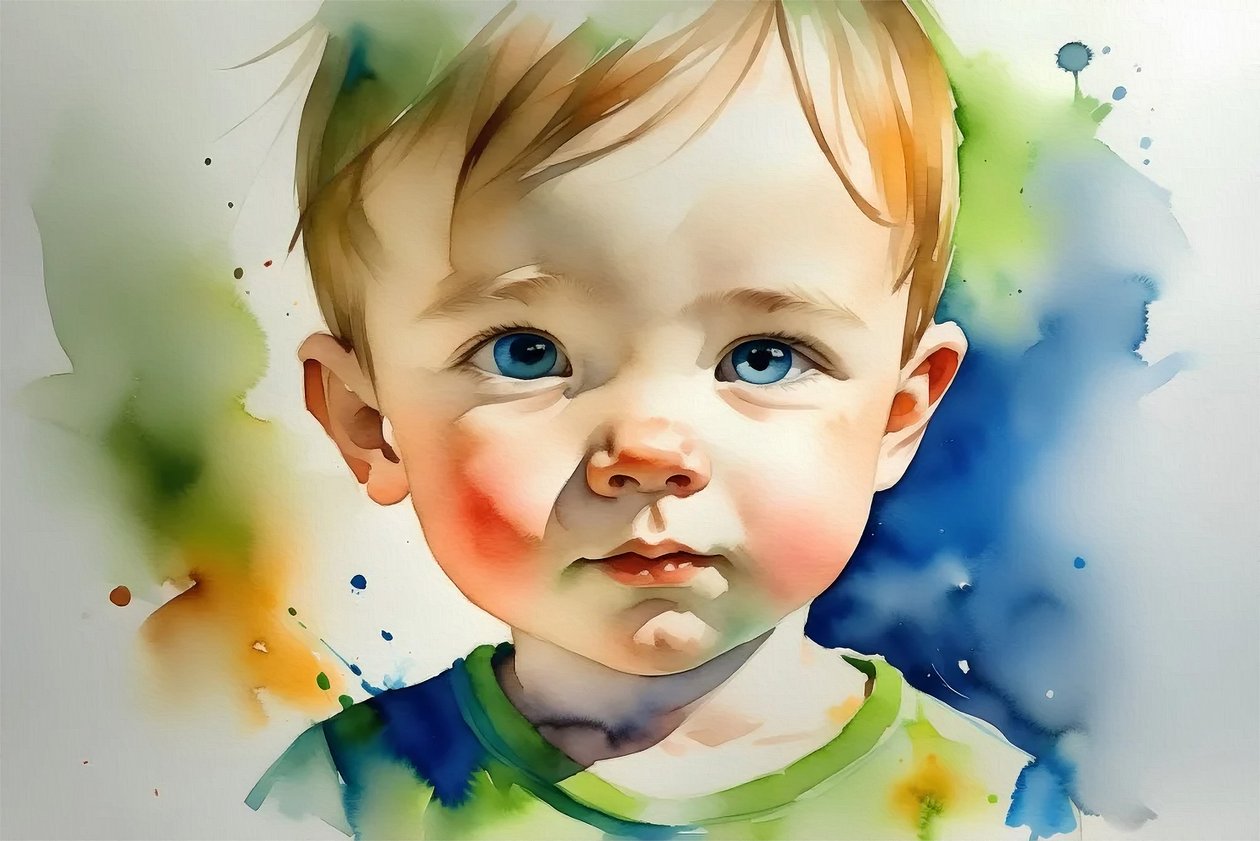 Piękny portret dziecka, akwarela na płótnie, dekoracja ścienna sypialni, żywe kolory autorstwa F. Abderrahim