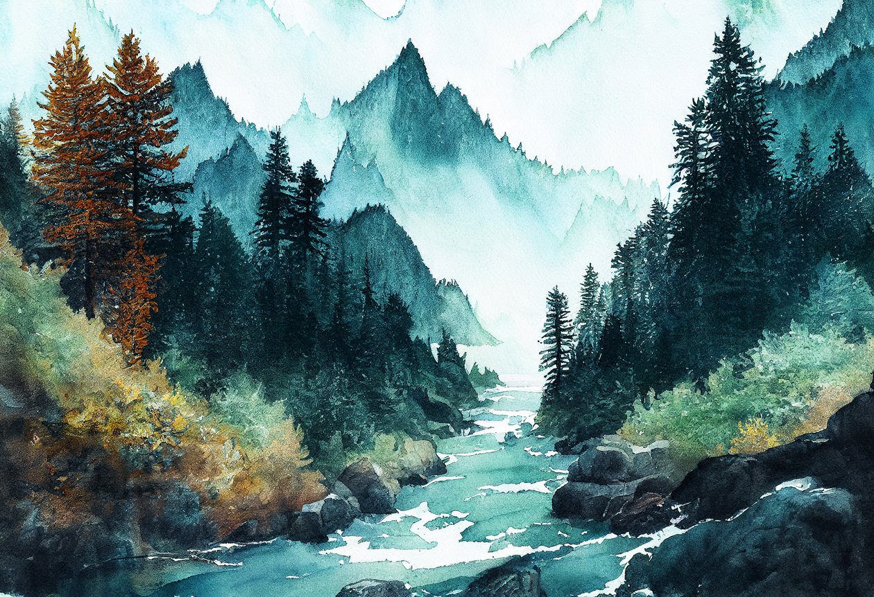 Fantazyjny las alpejski nad oceanem z rzekami i wzgórzami, wydruki na płótnie autorstwa F. Abderrahim