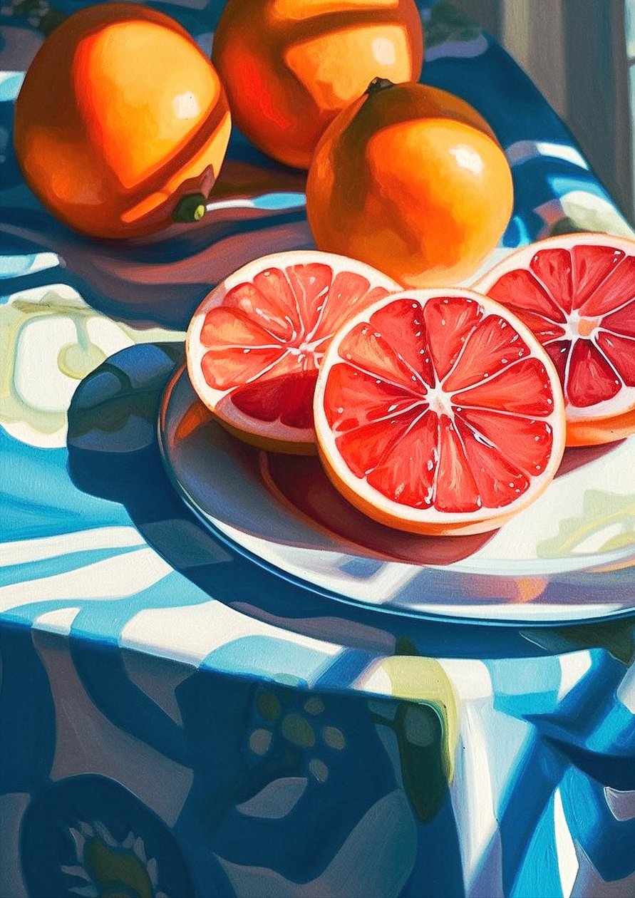 Plasterki grejpfruta, wystrój kuchni, martwa natura, grafika online autorstwa F. Abderrahim