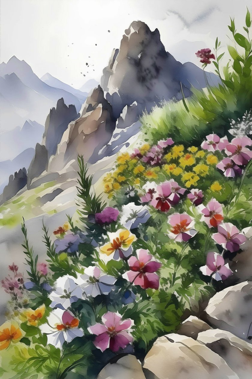 Mountain Summit Kwiaty, botanika i scena naturalna - grafika ścienna autorstwa F. Abderrahim