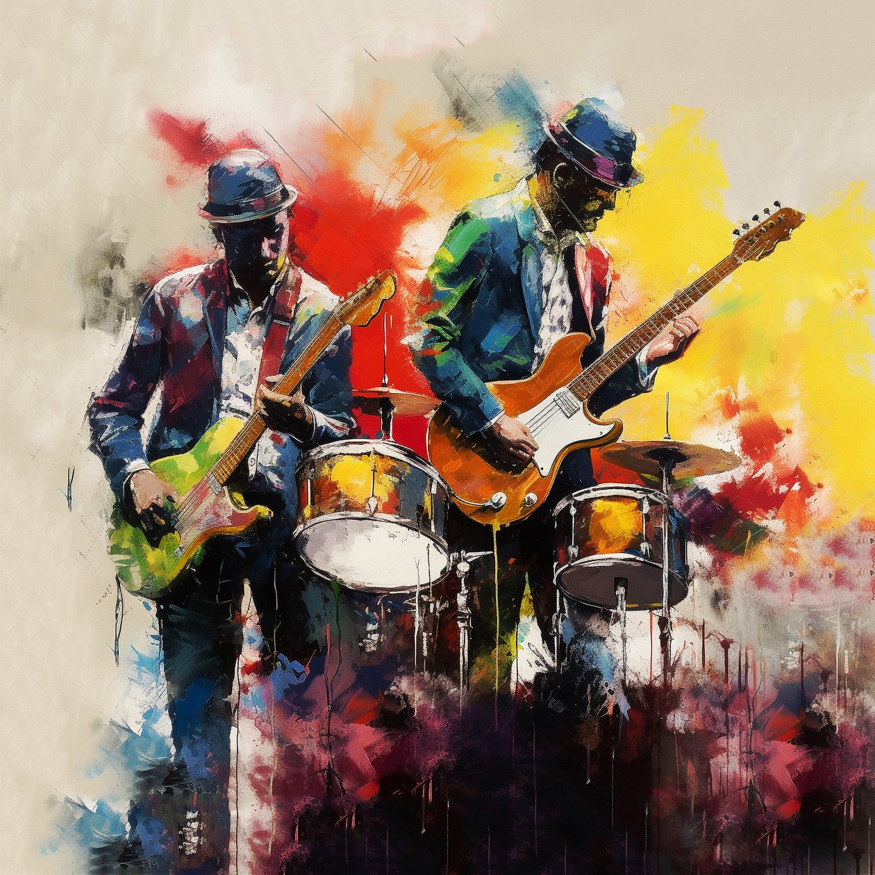 Rock  jazz Zespół muzyczny grający na gitarze, malarstwo pędzlem, grafika ścienna autorstwa F. Abderrahim