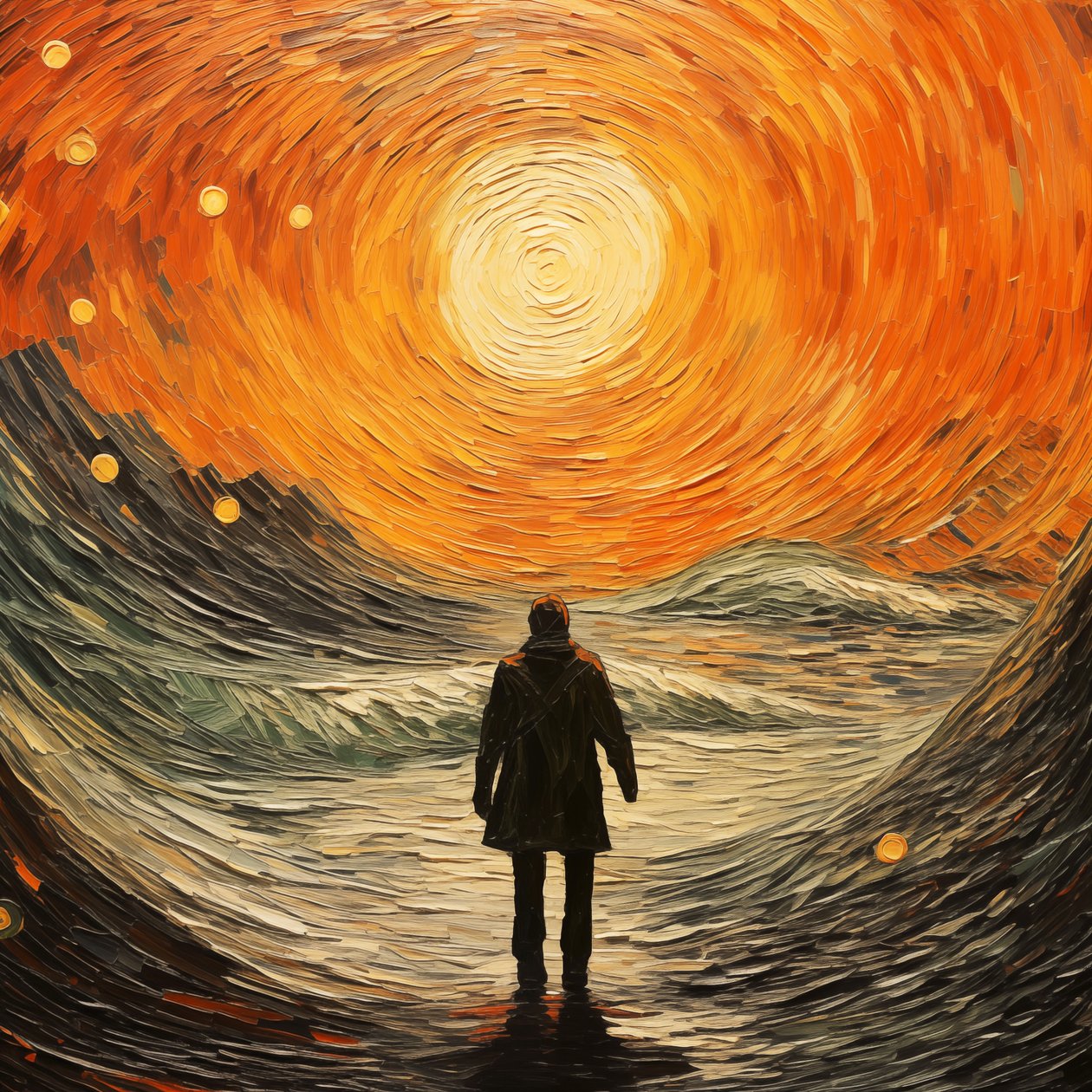 Surrealistyczna scena, człowiek w morskich falach, impresjonistyczny styl Vincenta van Gogha autorstwa F. Abderrahim