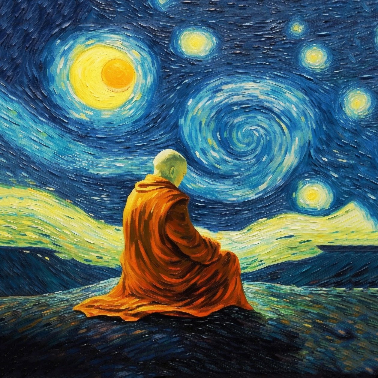 Sprzedam wydruki artystyczne medytacji jogi, styl Van Gogha, plakaty artystyczne Zen autorstwa F. Abderrahim