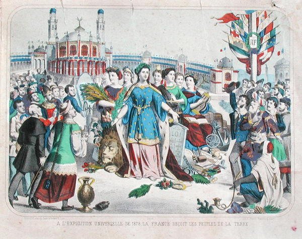 Francja przyjmująca ludzi z całego świata na Powszechnej Wystawie w 1878 r. (litografia kolorowa) autorstwa F. C. Wentzel