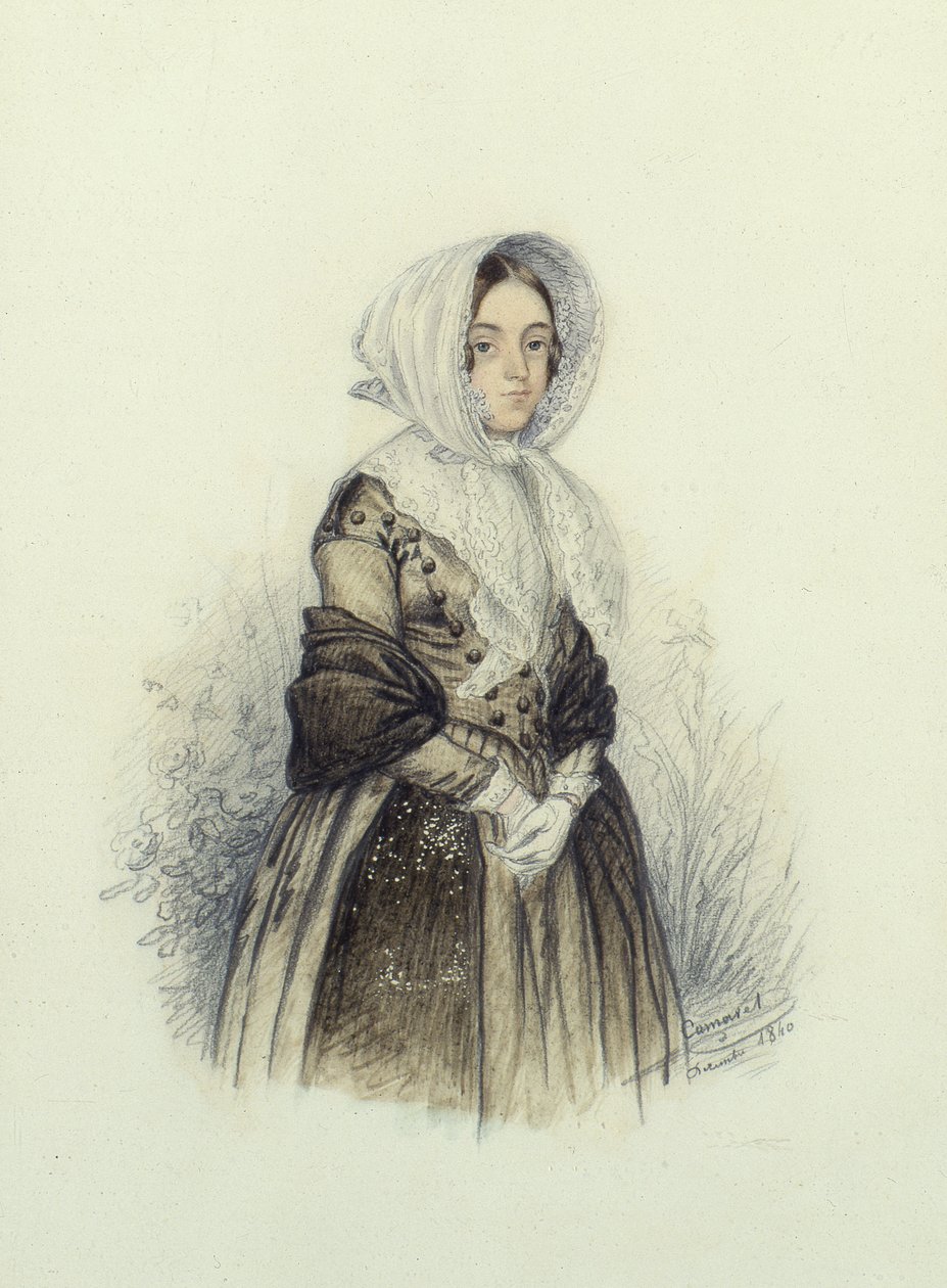 Portret młodej damy w czepku w białych rękawiczkach, 1840 (toaleta i ołówek na papierze) autorstwa F. Camaret