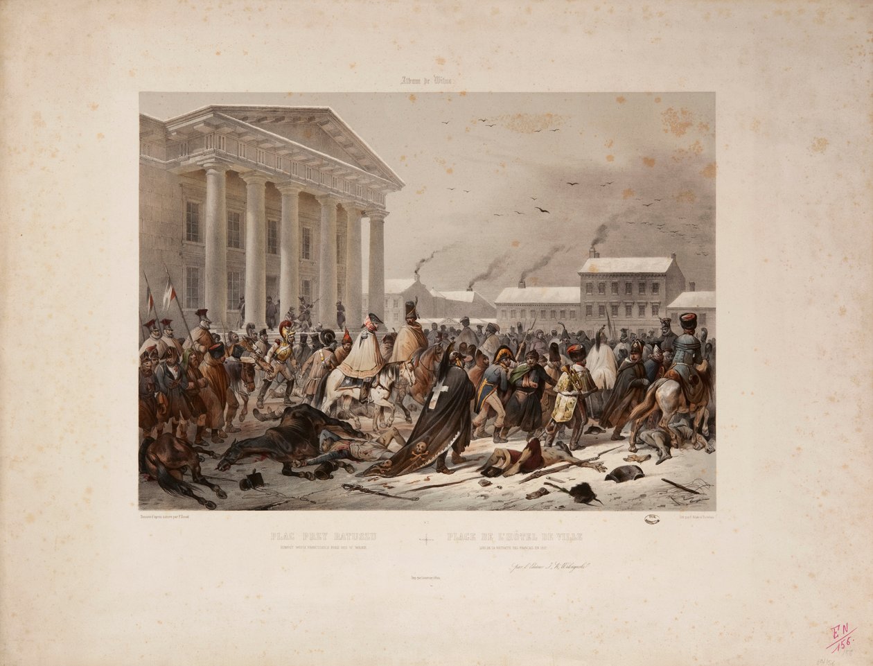 Wycofująca się armia francuska na Placu Ratuszowym w Wilnie, ryty przez Victora Adama (1801-66) i Louisa Pierre