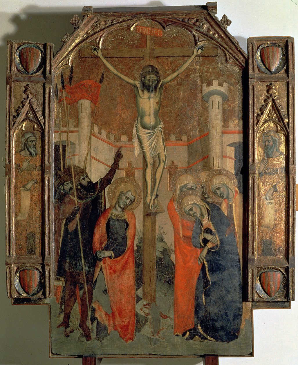 Ukrzyżowanie, górna część środkowego panelu wielkiego ołtarza Almudainy, ukończona w 1358 r. (tempera na panelu) autorstwa F. Bassa and R. Destorrents