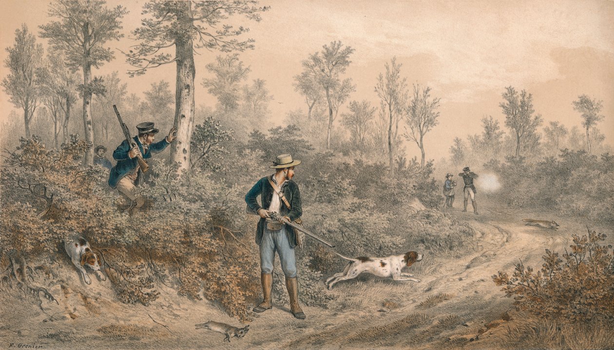 „Chasses a Tir, Battue en Forêt”, połowa XIX wieku. autorstwa F Grenier