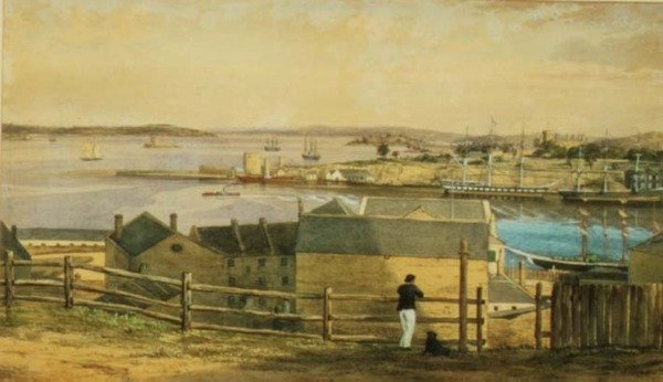 Circular Quay, Sydney, ok.1870 (akwarela) autorstwa F. Halsted