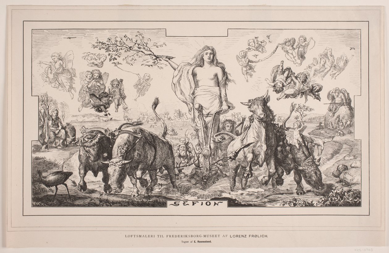 Gefion, malowidło sufitowe do Muzeum Frederiksborg autorstwa Lorenza Frølich autorstwa F. Hendriksen