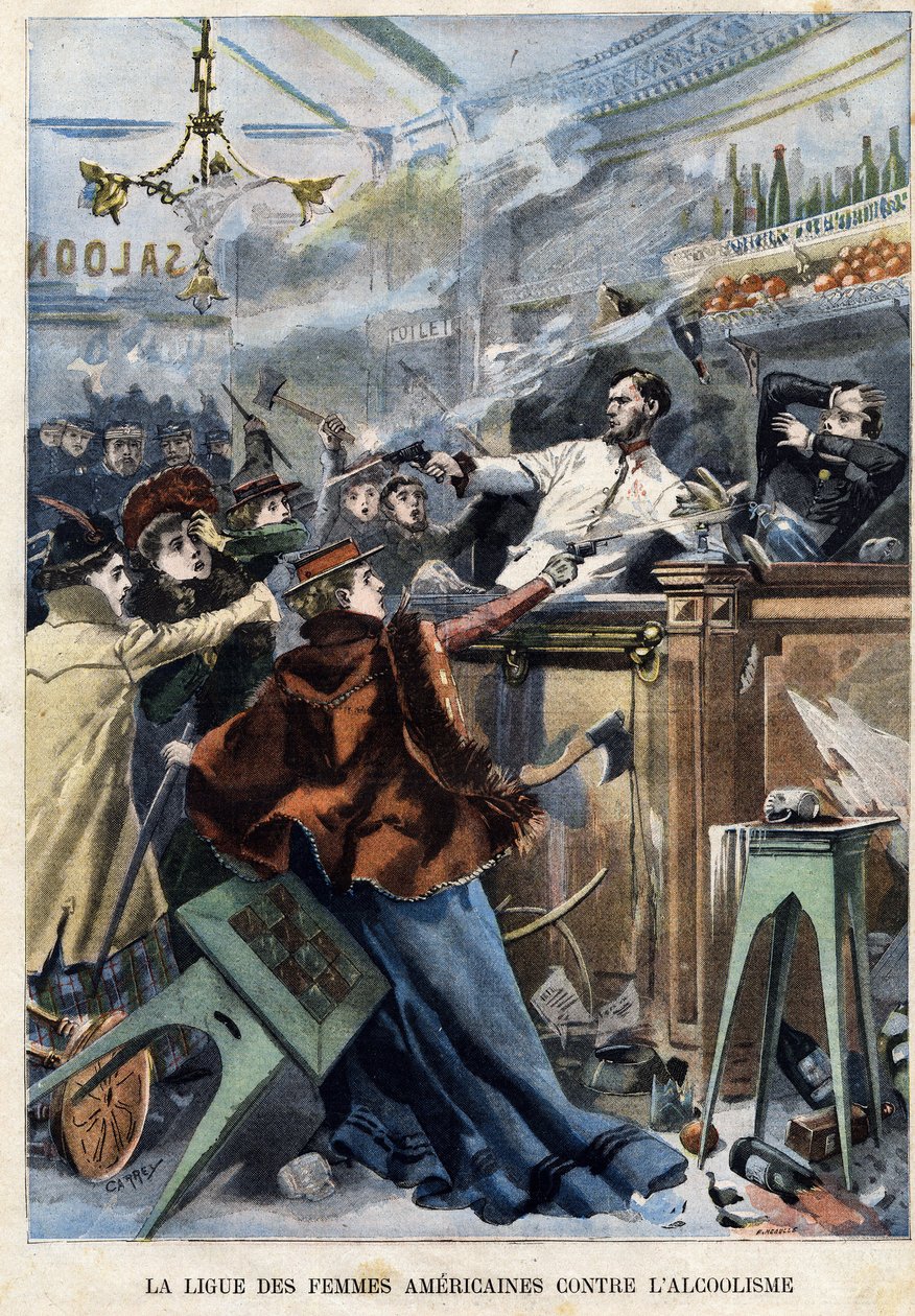 Amerykańska Liga Kobiet Przeciwko Alkoholizmowi. W amerykańskim saloonie kobiety strzelające z pistoletów do barmanów autorstwa F. L & Carrey (fl.1900) Meaulle