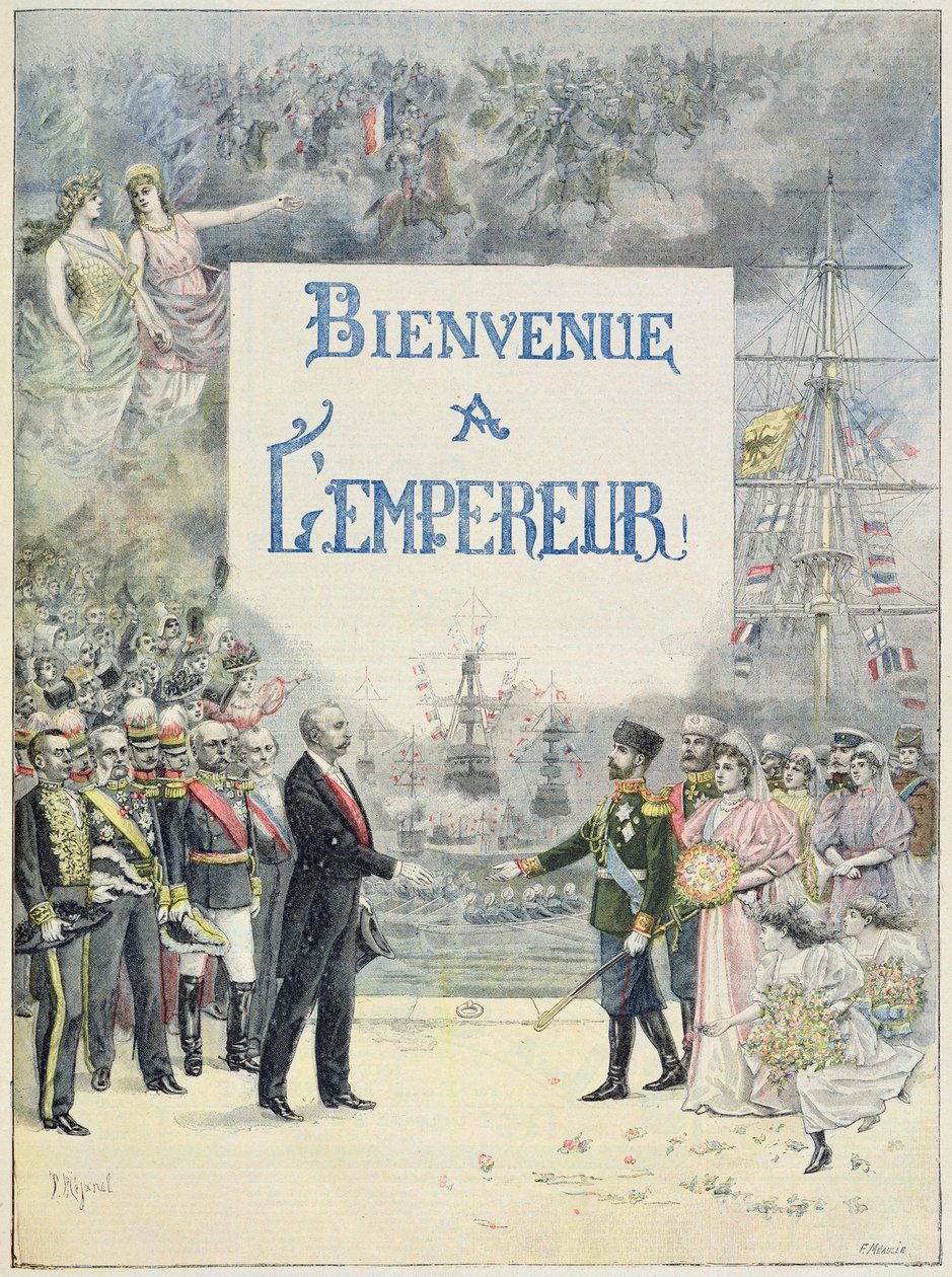 Witamy u cesarza i cesarzowej Rosji, ilustracja z ilustrowanego dodatku do Le Petit Journal, 4 października 1896 (kolor lito) autorstwa F. L. and L. Royer Meaulle