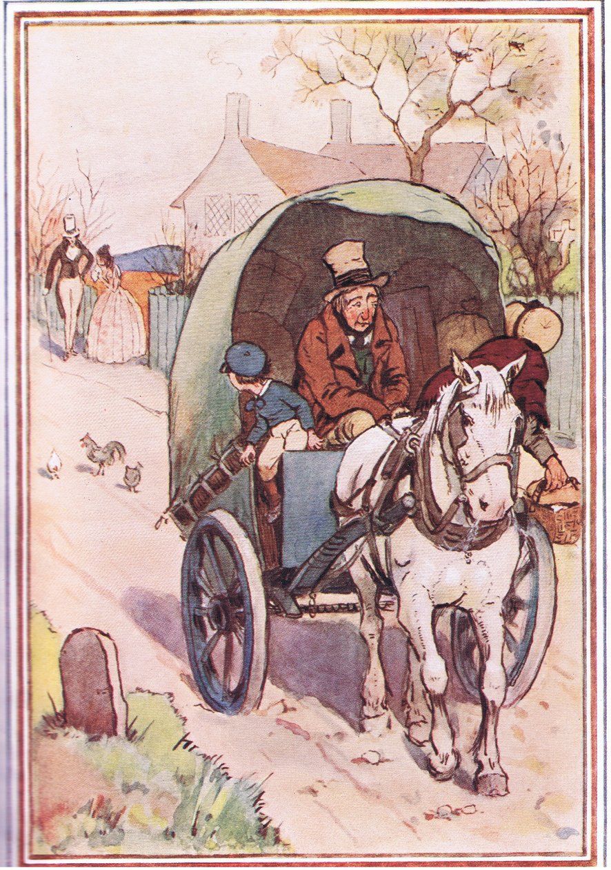 Gdy się oddalali, jego matka wybiegła przez bramę, ilustracja z Davida Copperfielda, 1914 autorstwa F. M. B. Blaikie
