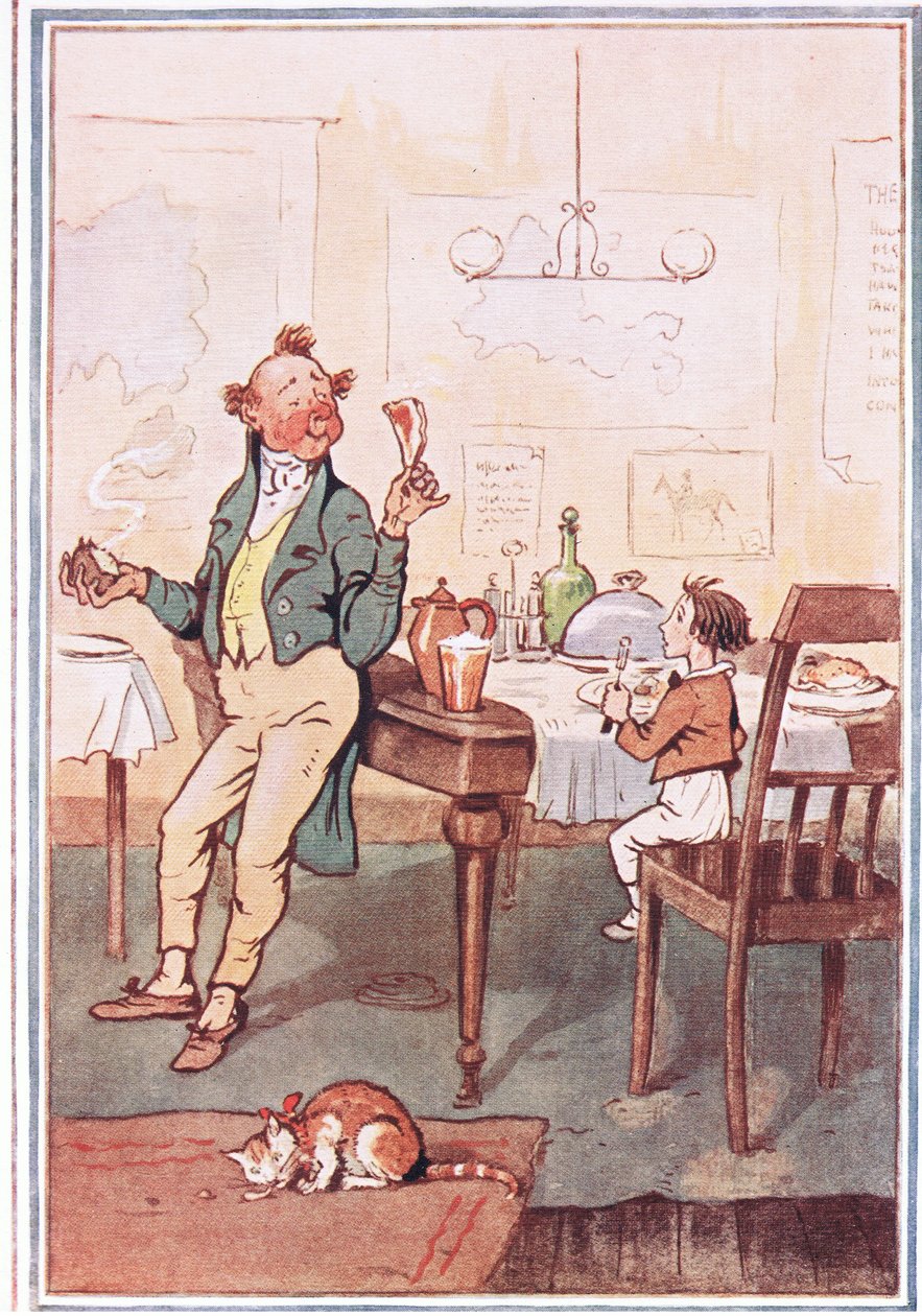 W jedną rękę wziął kotlet za kość, a w drugą ziemniaka, ilustracja z Davida Copperfielda, 1914 autorstwa F. M. B. Blaikie