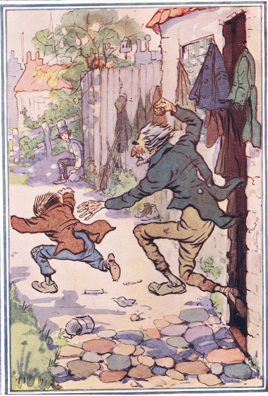 Wybiegł za nimi ze sklepu i wysłał ich w powietrze, ilustracja z Davida Copperfielda, 1914 autorstwa F. M. B. Blaikie