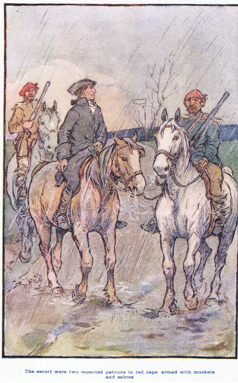 Eskortowali konni patrioci w czerwonych czapkach, uzbrojeni w muszkiety i szable autorstwa F. M. B. Blaikie