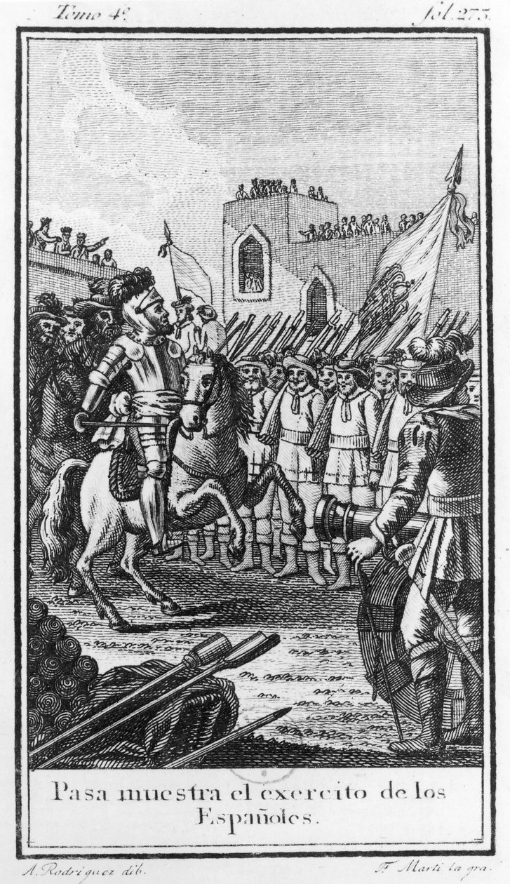 Hernando Cortes (1485-1547) Przegląd swoich oddziałów, ryty przez Antonio Rodriqueza autorstwa F. Marti