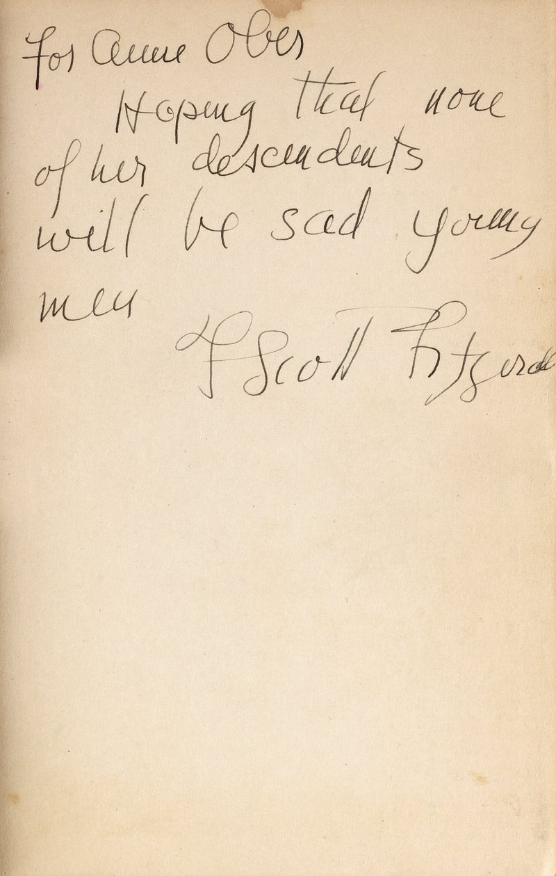 Autorski napis na przedniej wyklejce pierwszego wydania „Wszystkich smutnych młodych mężczyzn” autorstwa F. Scott Fitzgerald