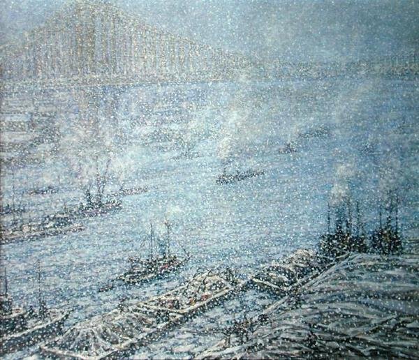 East River, Nowy Jork, zima (olej na płótnie) autorstwa F. Usher de Voll