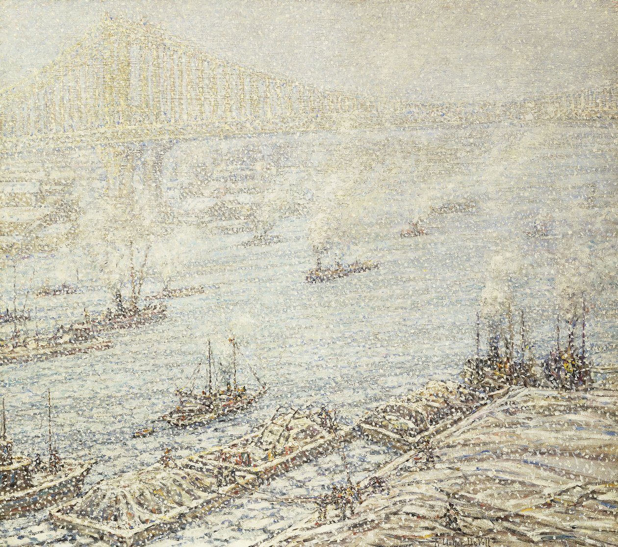 East River, Nowy Jork, zima, ok. 1915 (olej na płótnie) autorstwa F. Usher de Voll