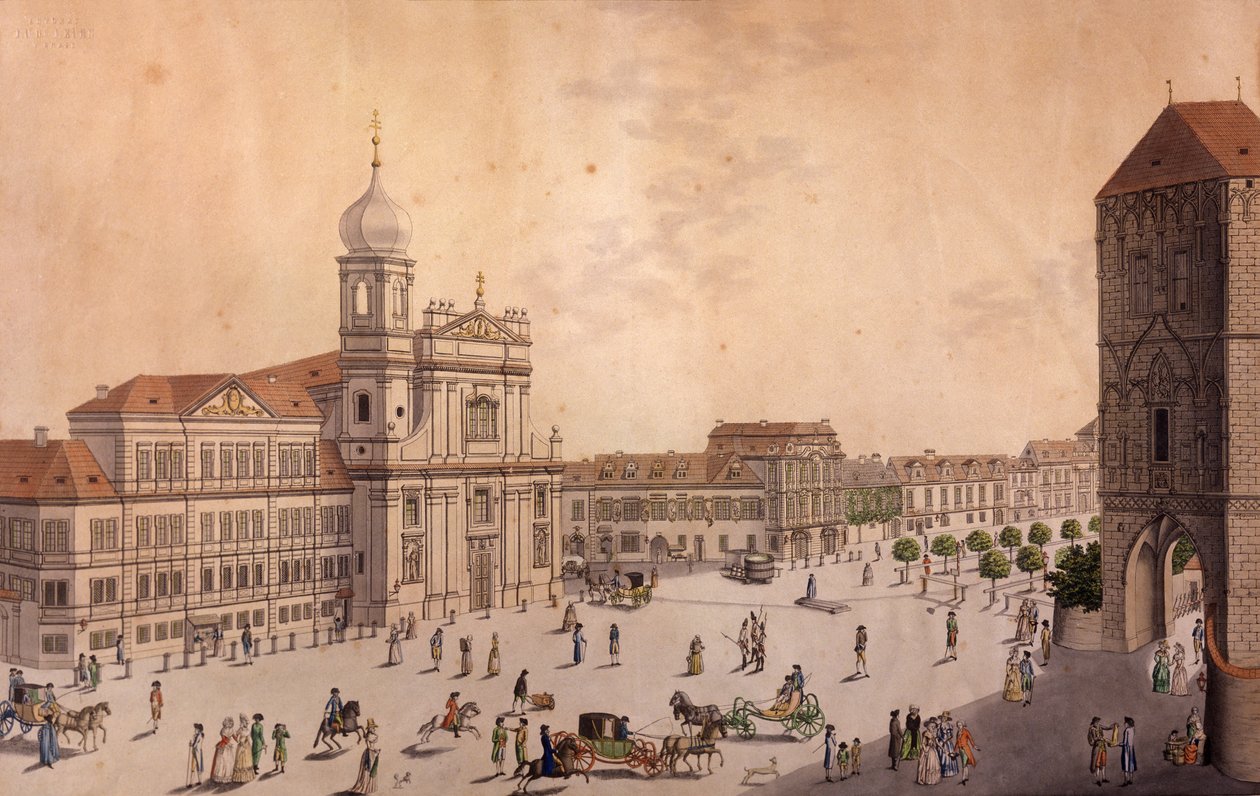 Plac Hybern, Praga (kolorowa akwaforta i miedzioryt) autorstwa F. and Heger, P. Heger