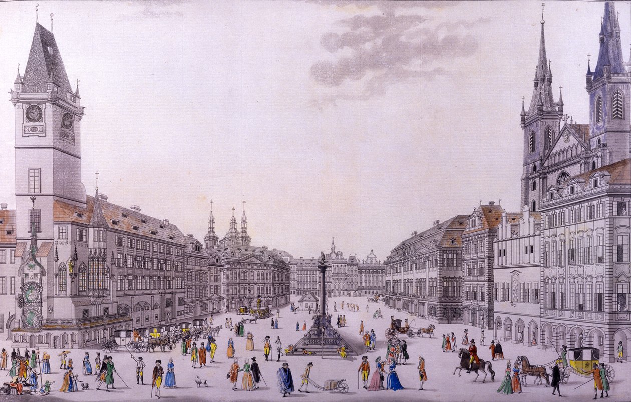 Rynek Starego Miasta, Praga (kolorowa akwaforta i miedzioryt) autorstwa F. and Heger, P. Heger