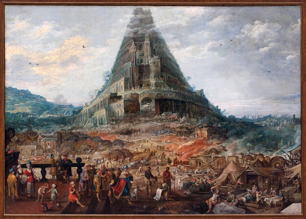 Wieża Babel. Obraz Joosa de Mompera II (1564-1635), postacie przypisywane Fransowi Franckenowi II (1581-1642), olej na drewnie. Sztuka flamandzka XVII wieku. Królewskie Muzeum Sztuk Pięknych Belgii, Bruksela. autorstwa F. and Momper J. Francken