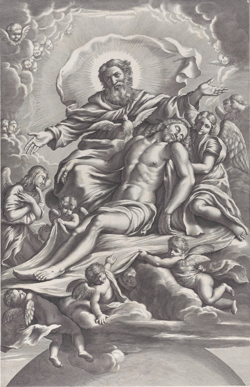 Trójca Święta z martwym Chrystusem w centrum w otoczeniu aniołów, Bóg Ojciec, ..., 1650-90. autorstwa F. de Louvement