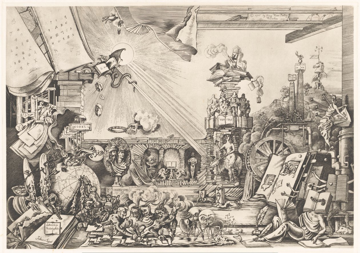Surrealistyczny występ Librorum Triumphus (tytuł na obiekcie) autorstwa Fabius von Gugel (signed by artist)