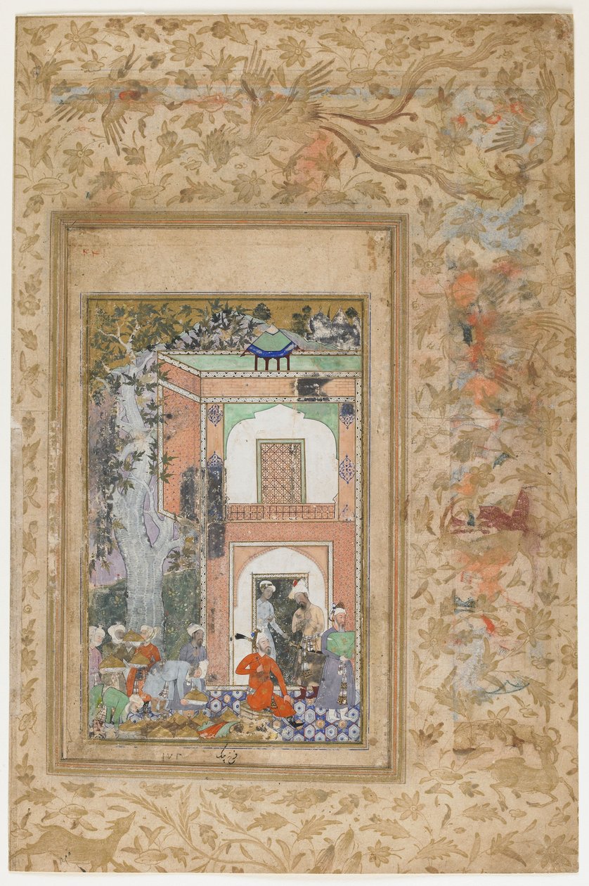 Babur Entertains w Sultan Ibrahim Lodis Palace, oderwane folio z rozproszonej kopii Baburnama (Tuzuk-i Baburi) autorstwa Zahir-al-Din Muhammad Babur, ok. 1585 (toaleta, atrament i złoto na papierze) autorstwa Farrukh Beg