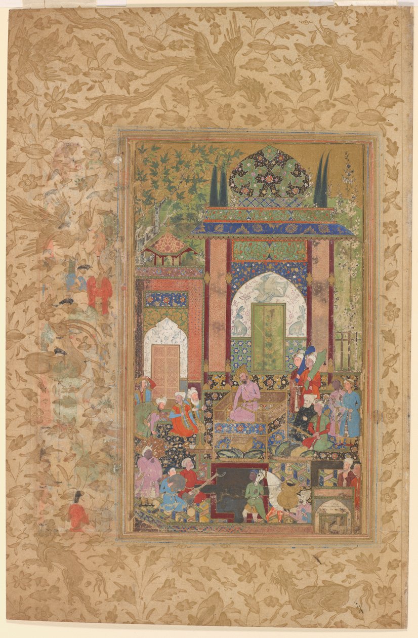Babur przyjmuje dworzanina, ok. 1580-85 (akwarela i złoto na papierze) autorstwa Farrukh Beg