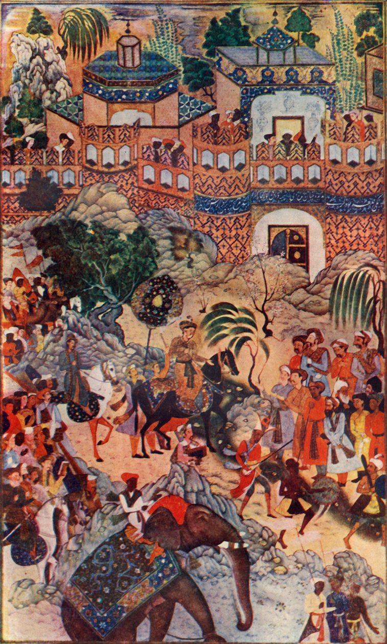 Wielki Cesarz Akbar wkracza do swojego miasta w państwie, 1572, 1590-1595, c1930. autorstwa Farrukh Beg