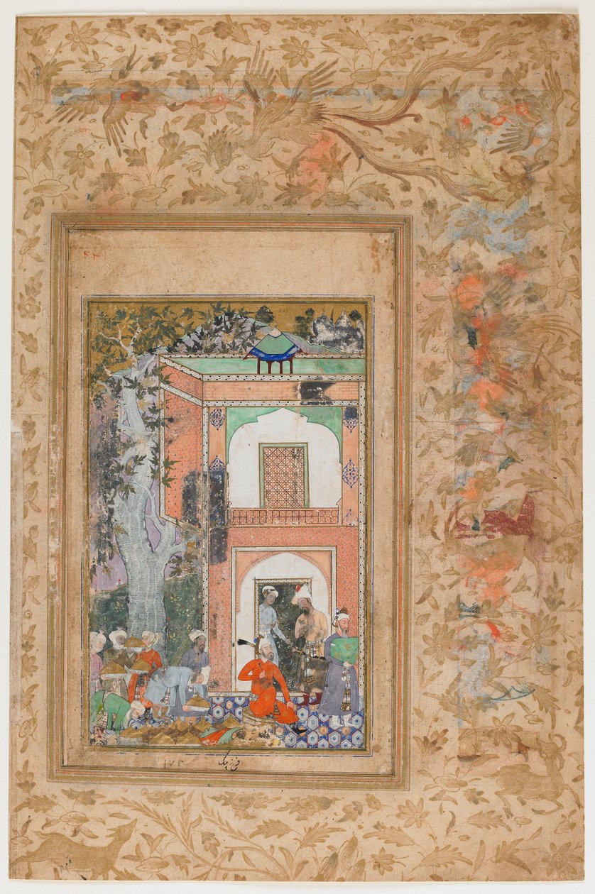 <em> Babur bawi się w pałacu sułtana Ibrahima Lodiego </em> z <em>Baburnamy</em> autorstwa Farrukh Beg