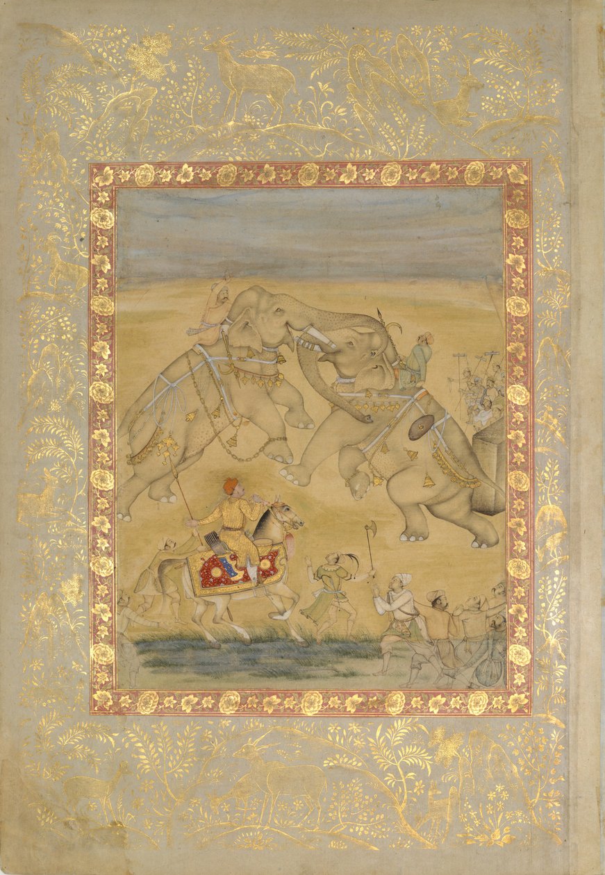 Jahangir oglądający walkę słoni, ca. 1605. autorstwa Farrukh Chela