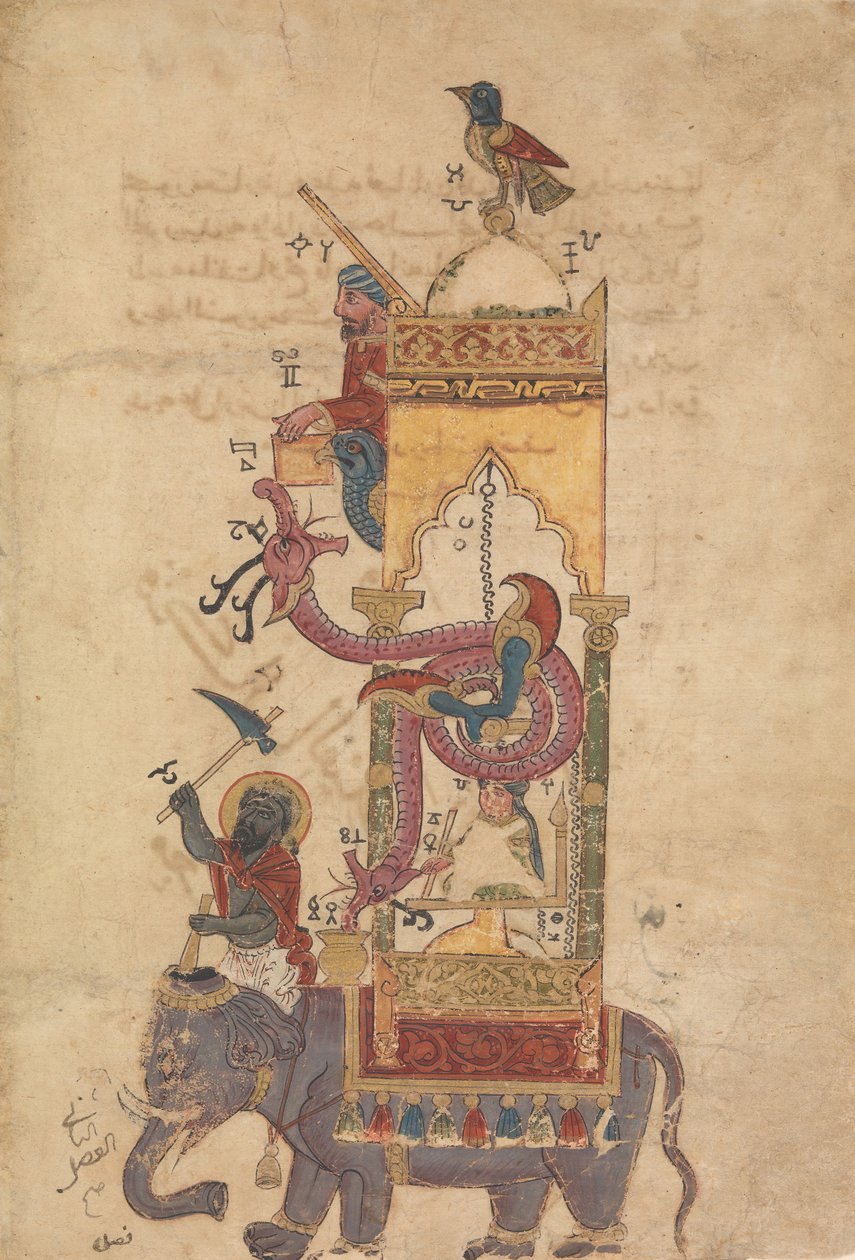 Zegar Słonia, Folio z Księgi Wiedzy o Pomysłowym Mechanicznym..., AH 715AD1315 autorstwa Farrukh ibn Abd al Latif